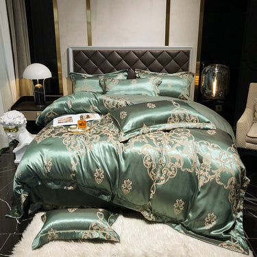 Green Purple Satin Silk Jacquard Baroque Duvet Cover Set, Cotton Bedding Set